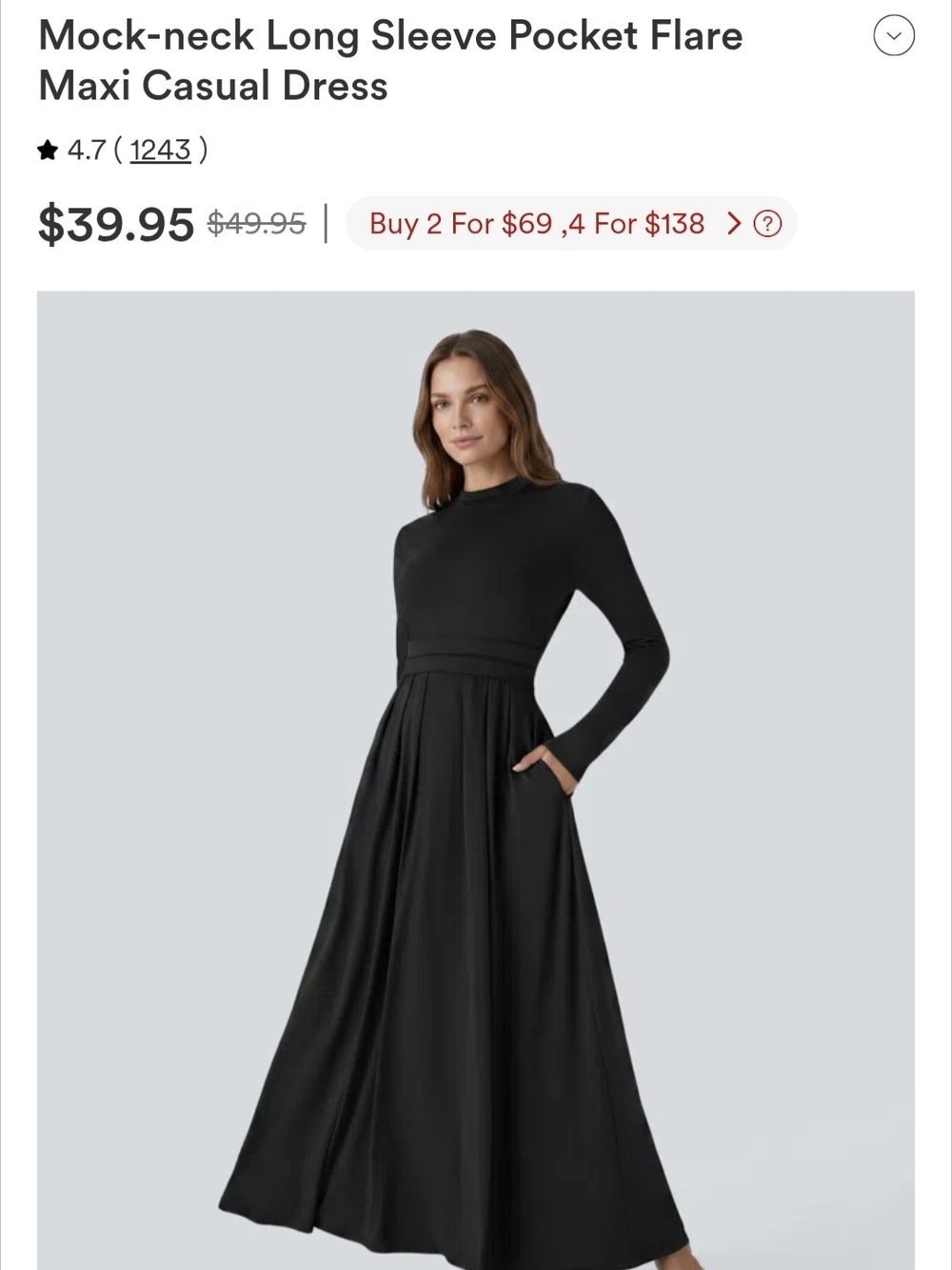 HALARA Black Mock-Neck Long Sleeve Maxi Dress with Pockets